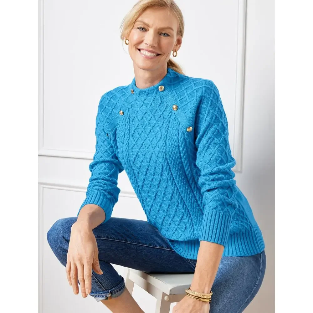 Talbots Women's Blue Mockneck Raglan Sleeve Cable Knit Sweater Size Large NWT - Picture 1 of 12